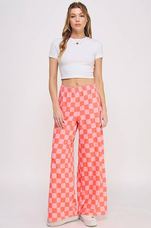 HIGH WAIST CHECKERED STRAIGHT LEG KNIT PANTS: RED/PINK
