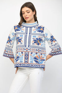 PATCHWORK PATTERN MOCK NECK SWEATER