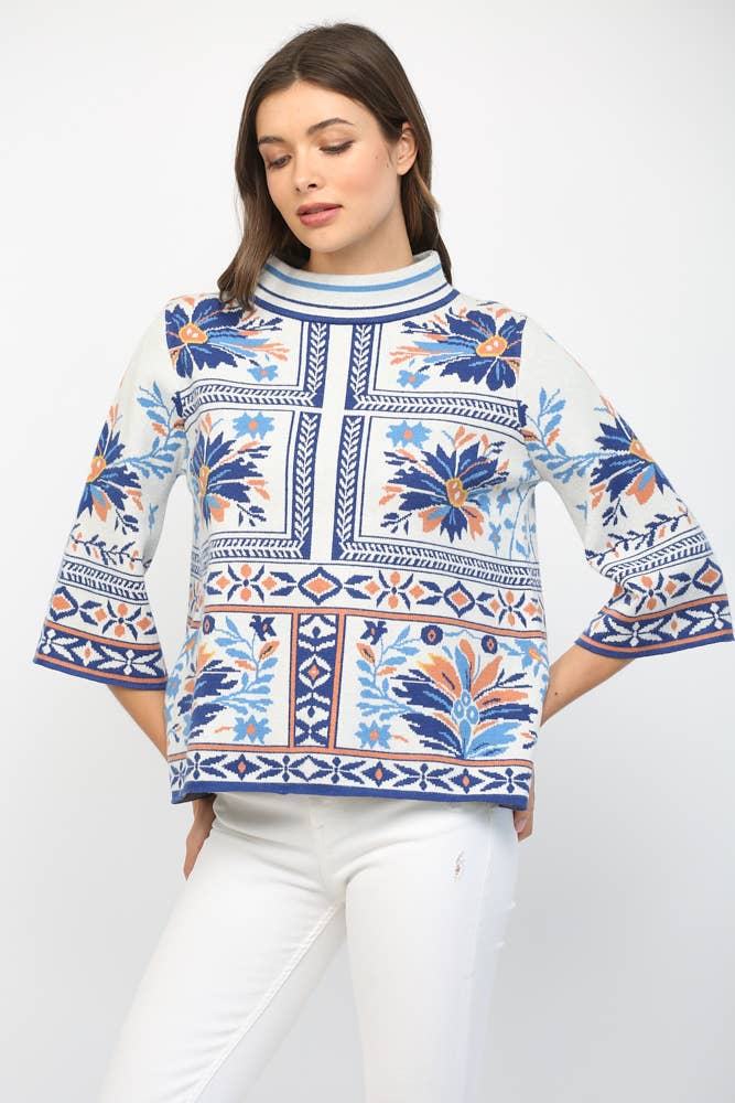 PATCHWORK PATTERN MOCK NECK SWEATER
