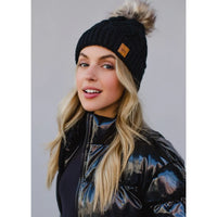 Solid Cable Knit Hat with Pom