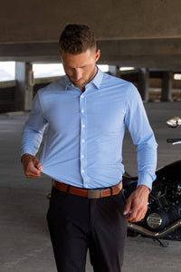 Hustle Sport Shirt - Long Sleeve - Light Blue Banker Stripe: Slim / XL