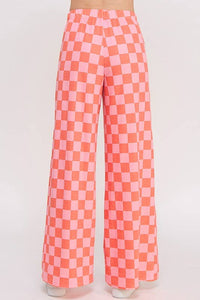 HIGH WAIST CHECKERED STRAIGHT LEG KNIT PANTS: RED/PINK