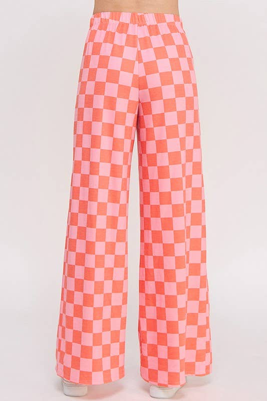 HIGH WAIST CHECKERED STRAIGHT LEG KNIT PANTS: RED/PINK