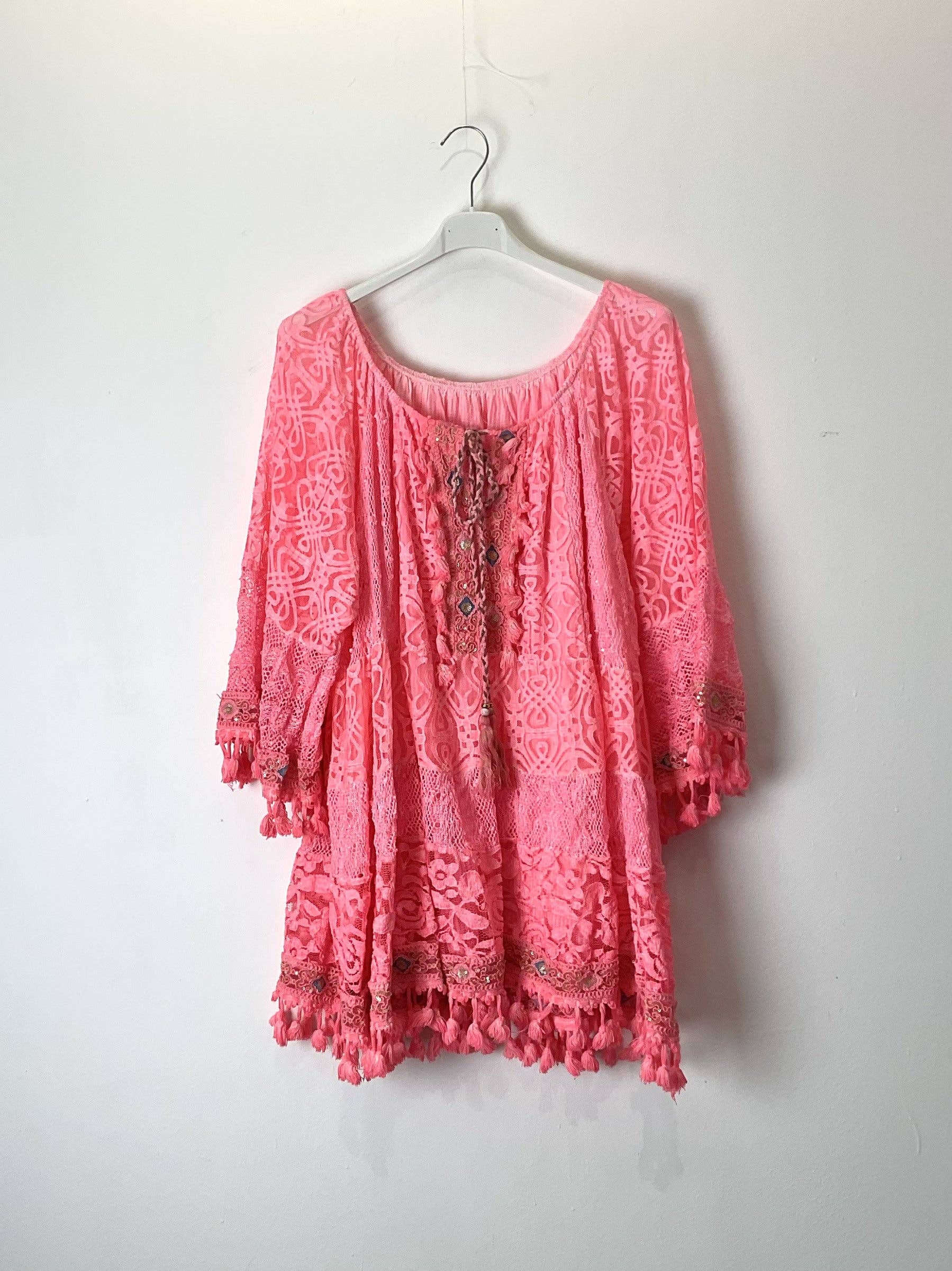 Boho Short Dress Lace Tassels — Pink