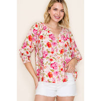 3Q SMOCKED CUFF SLEEVE FLORAL PRINT TOP: FUCHSIA