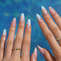Summer Beach Blue Fake Nails-3D Starfish Shell French Design: Dotted Overalls