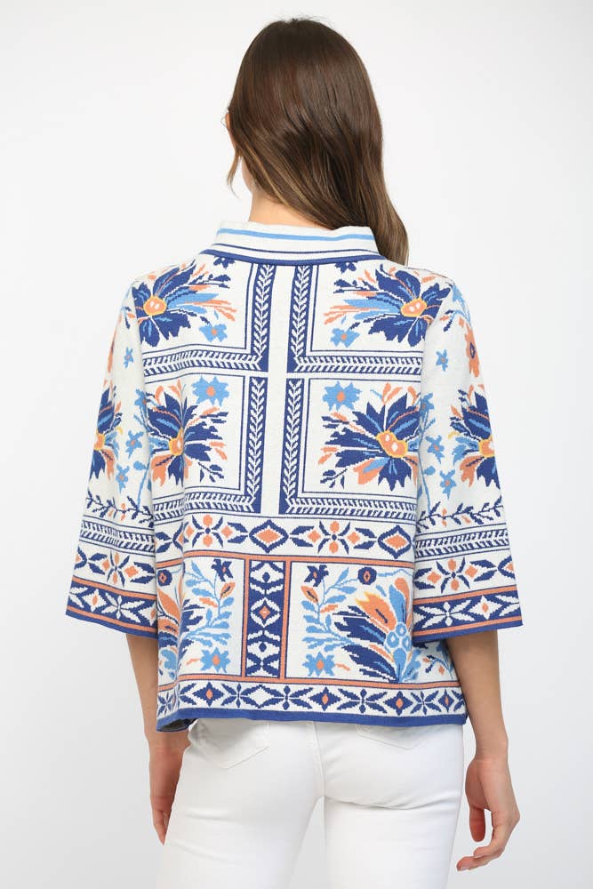 PATCHWORK PATTERN MOCK NECK SWEATER