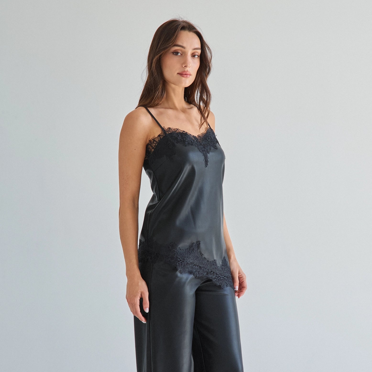 Lace Trim Vegan Leather Cami Top & Pants Set