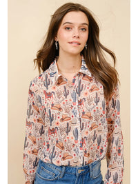 Western Print Chiffon Button Up Blouse
