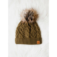 Solid Cable Knit Hat with Pom