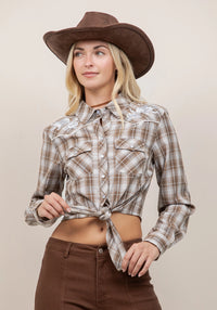 Embroidered Tie Front Long Sleeve Shirt