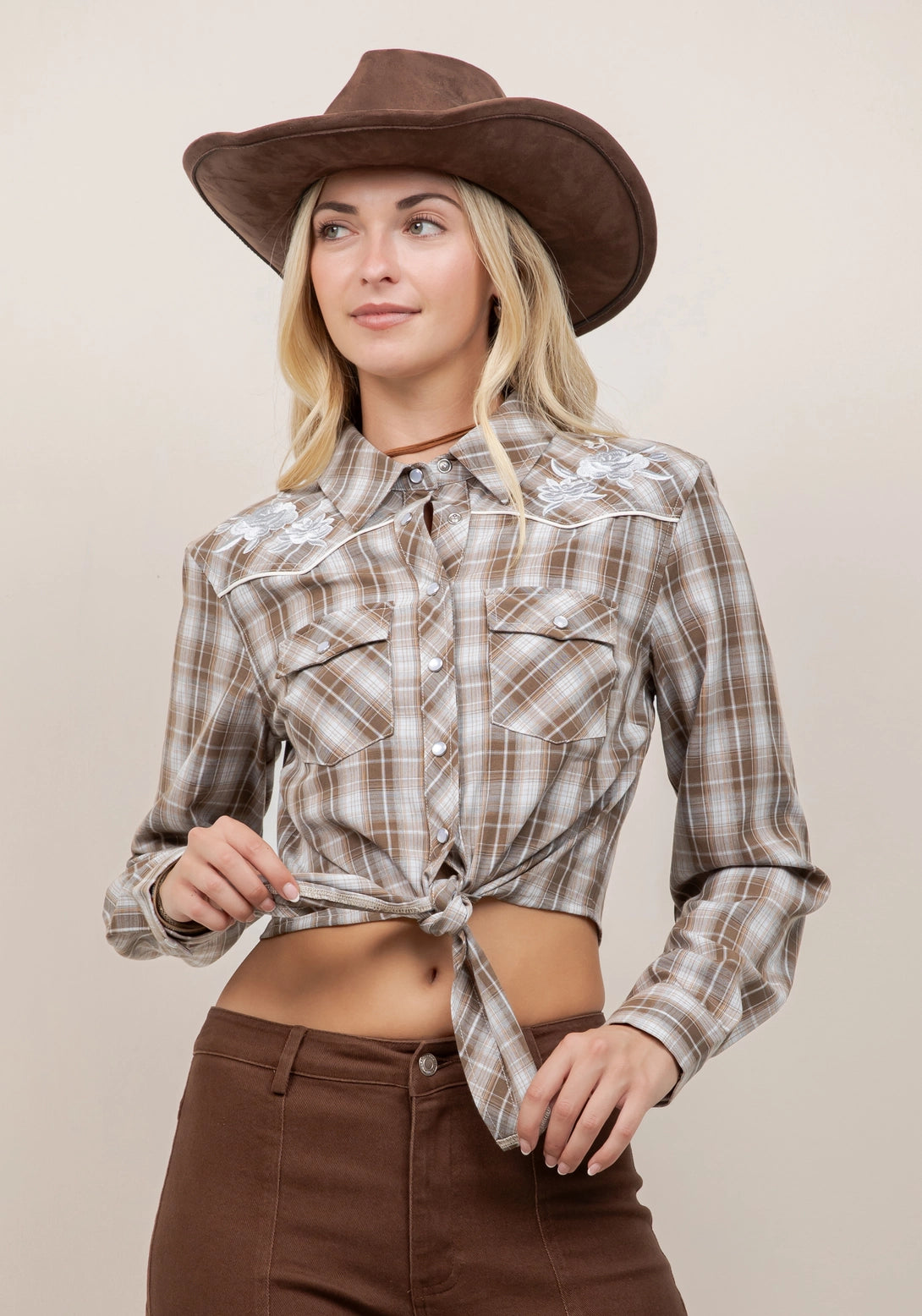 Embroidered Tie Front Long Sleeve Shirt
