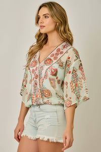 Printed Front Wrap Kimono Top