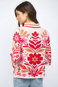 BOLD FLORAL PATTERN MOCK NECK SWEATER