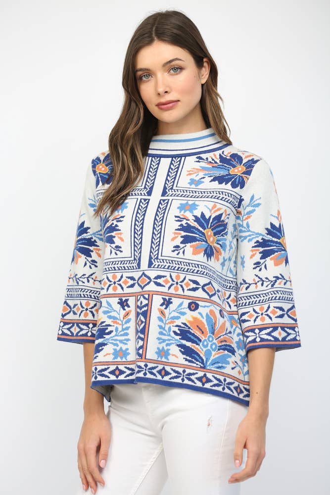 PATCHWORK PATTERN MOCK NECK SWEATER