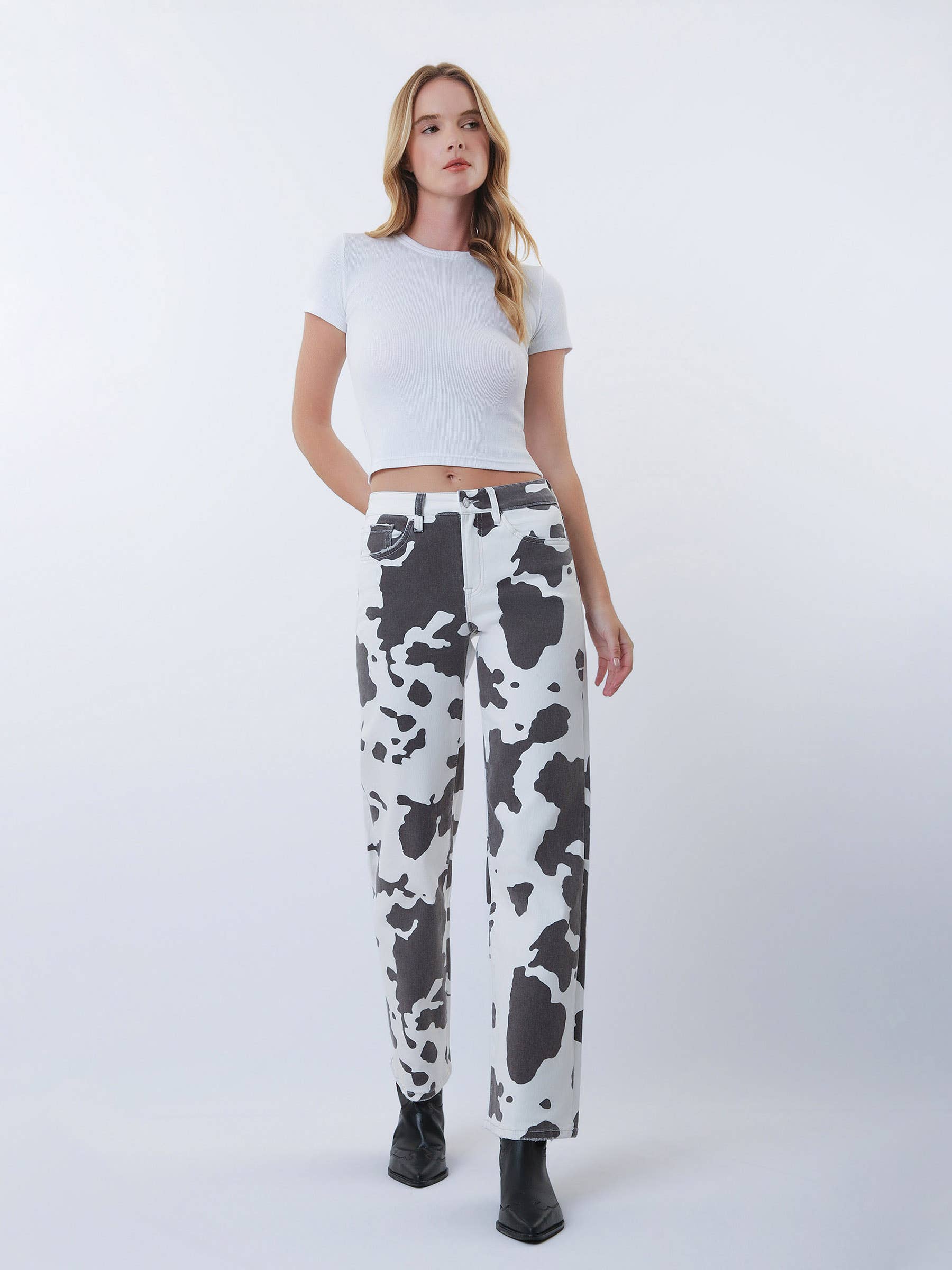 HIGH RISE FULL LENGTH COW PRINT WIDE JEANS