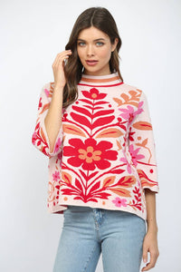 BOLD FLORAL PATTERN MOCK NECK SWEATER