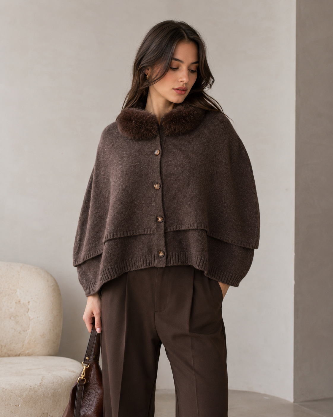 Poncho with Fox Collar