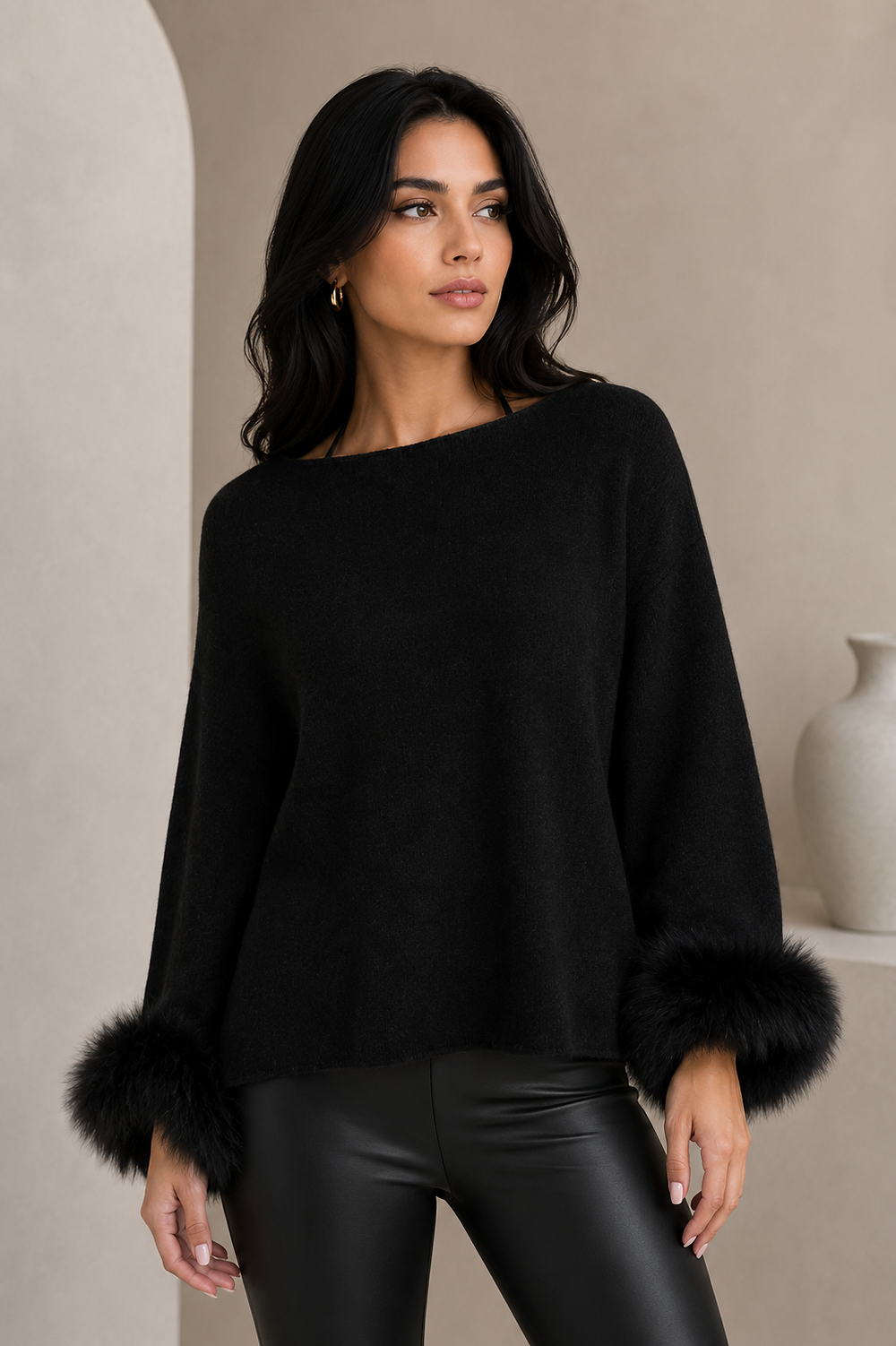 Knit Ponco with Fox Fur Trim