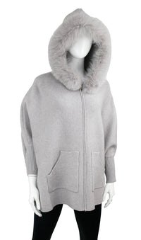 zippered Knit Poncho with Detachable Fur Hood