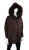 zippered Knit Poncho with Detachable Fur Hood