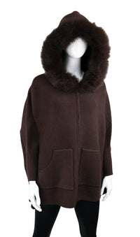 zippered Knit Poncho with Detachable Fur Hood