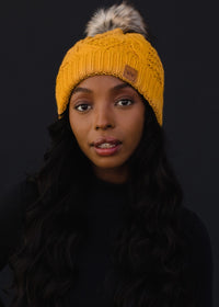 Solid Cable Knit Hat with Pom