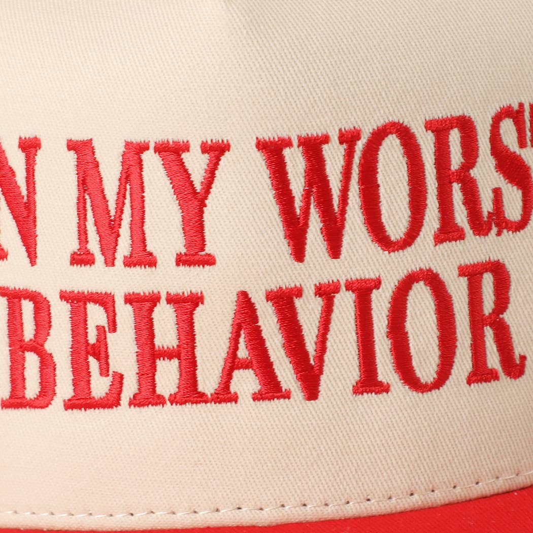 ON MY WORST BEHAVIOR Embroidered Trucker Hat: DENIM / One Size