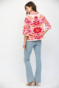 BOLD FLORAL PATTERN MOCK NECK SWEATER