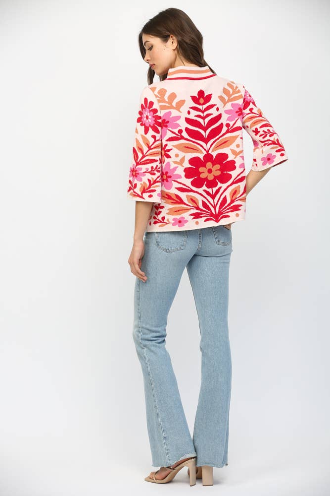 BOLD FLORAL PATTERN MOCK NECK SWEATER