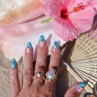 Summer Beach Blue Fake Nails-3D Starfish Shell French Design: Dotted Overalls