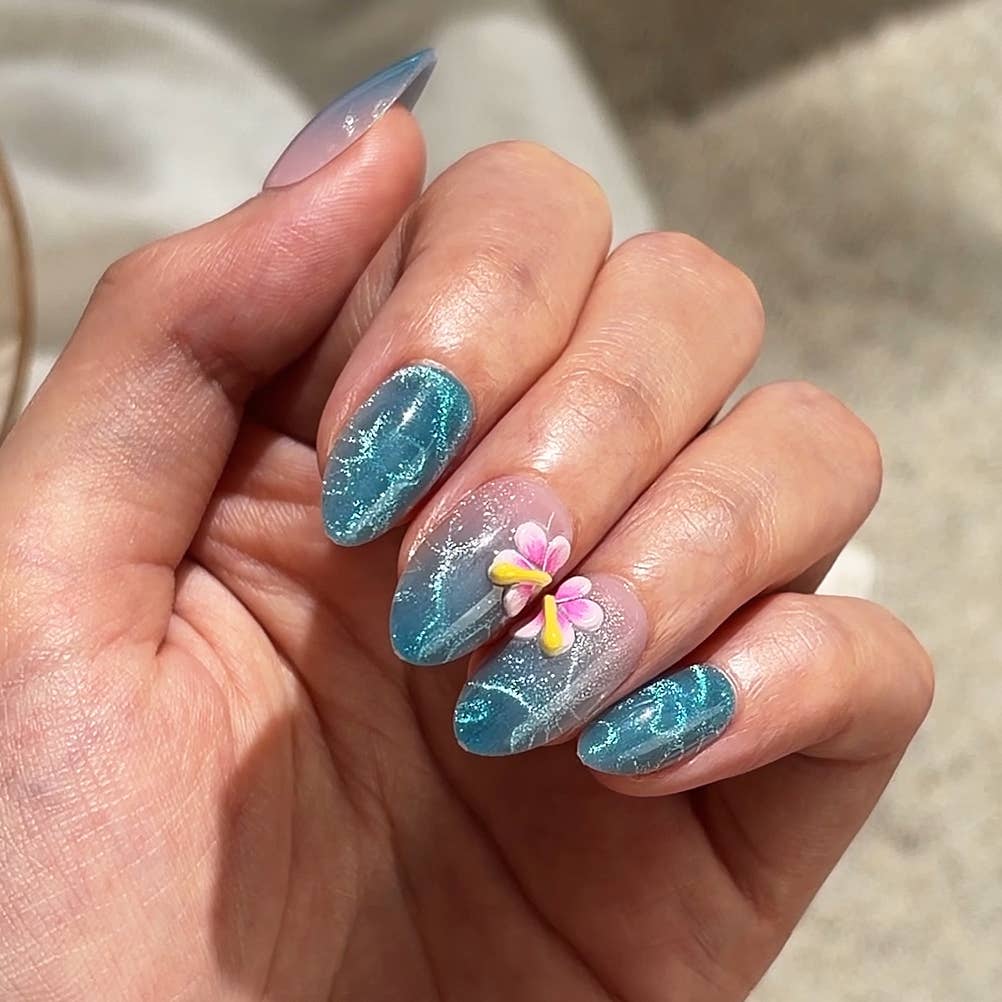 3D Petals Blue Cat Eye Nails -Soft Gel Short Almond Press On