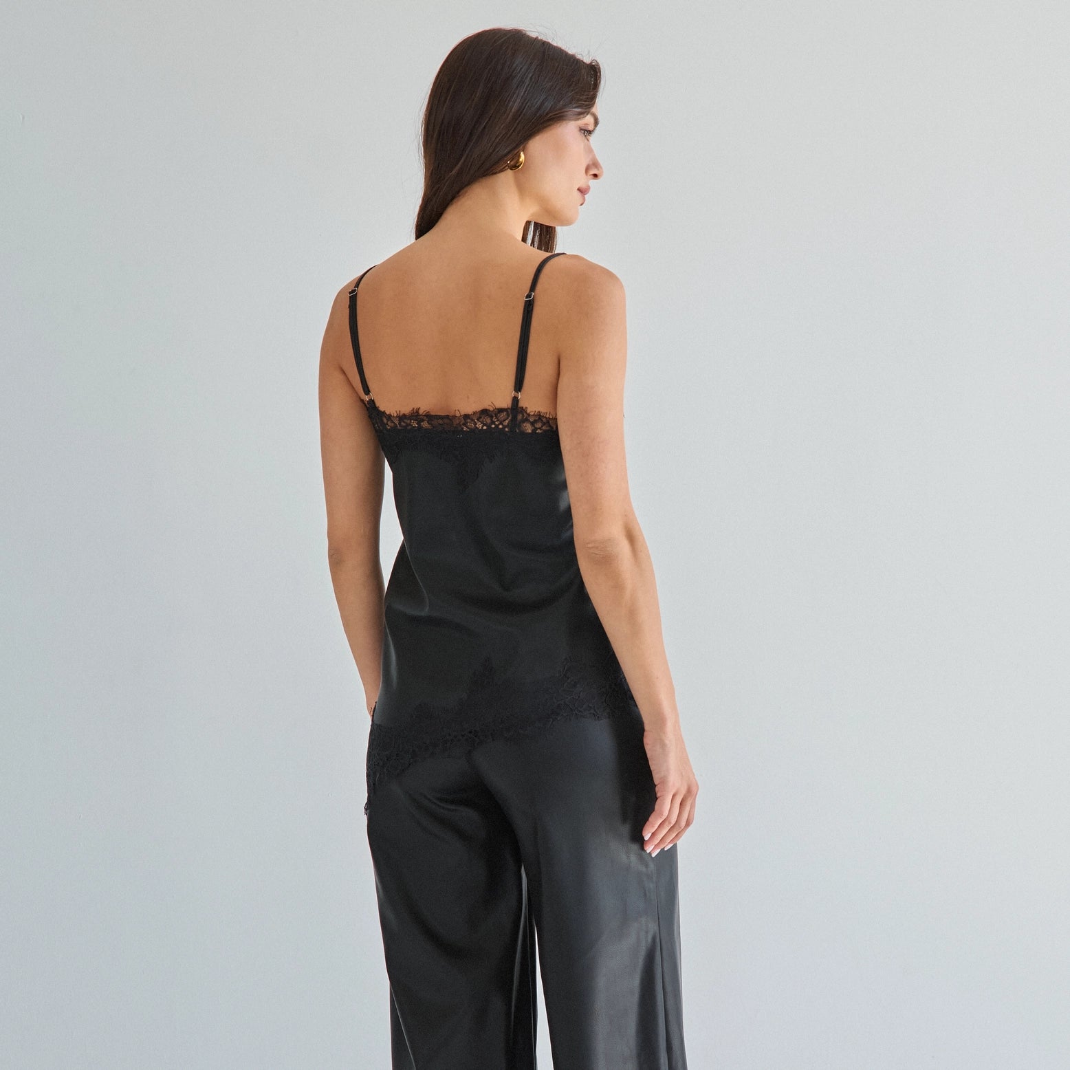 Lace Trim Vegan Leather Cami Top & Pants Set