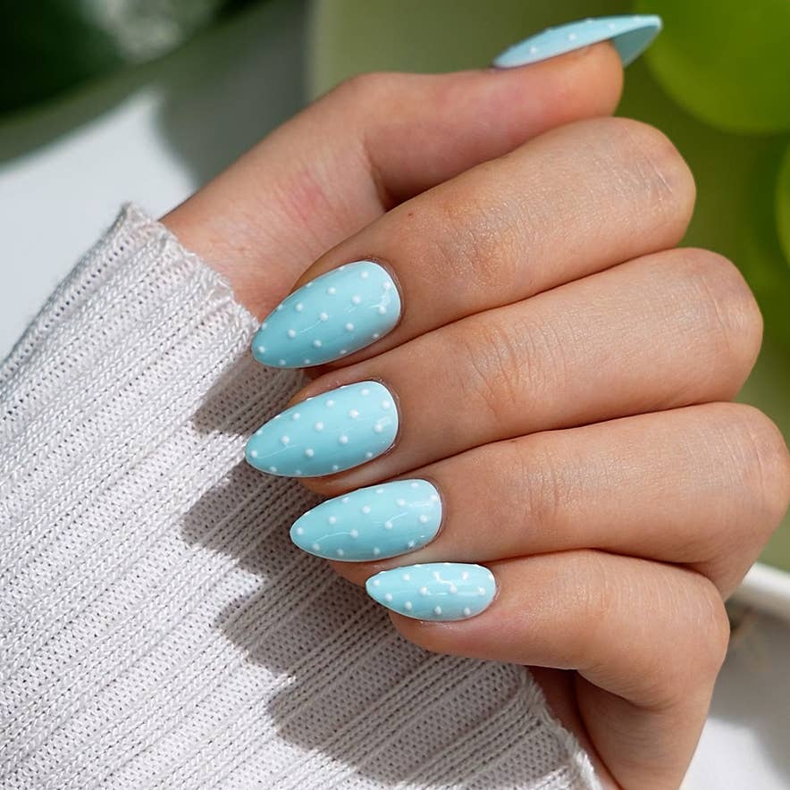 Summer Beach Blue Fake Nails-3D Starfish Shell French Design: Dotted Overalls