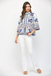 PATCHWORK PATTERN MOCK NECK SWEATER