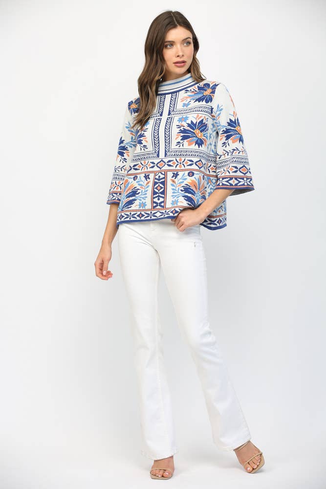 PATCHWORK PATTERN MOCK NECK SWEATER