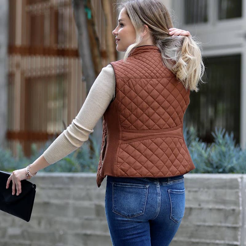 Slim Fit Suede Piping Quilted Padding Vest
