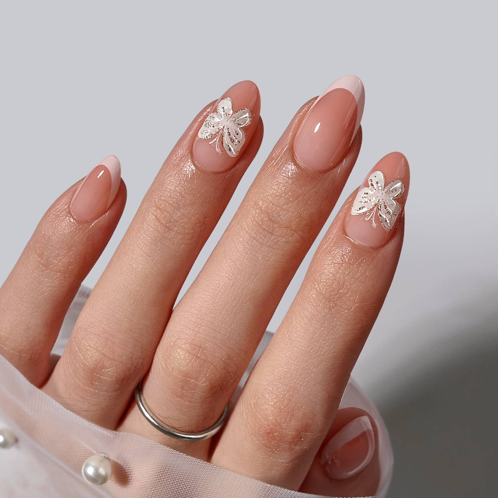 Chrome French Tip Press On Nails- BTARTBOX Square Fake Nails: Evening Attire