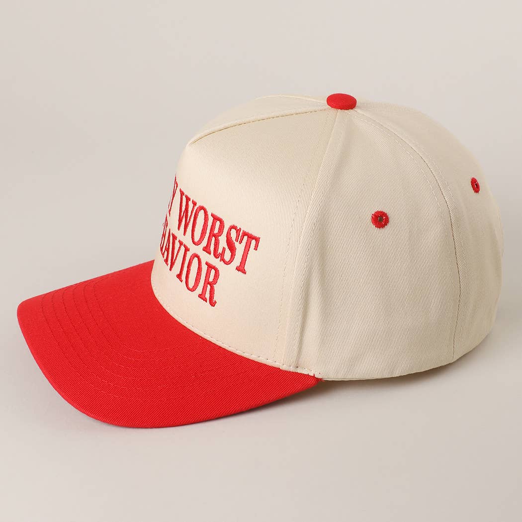 ON MY WORST BEHAVIOR Embroidered Trucker Hat: DENIM / One Size