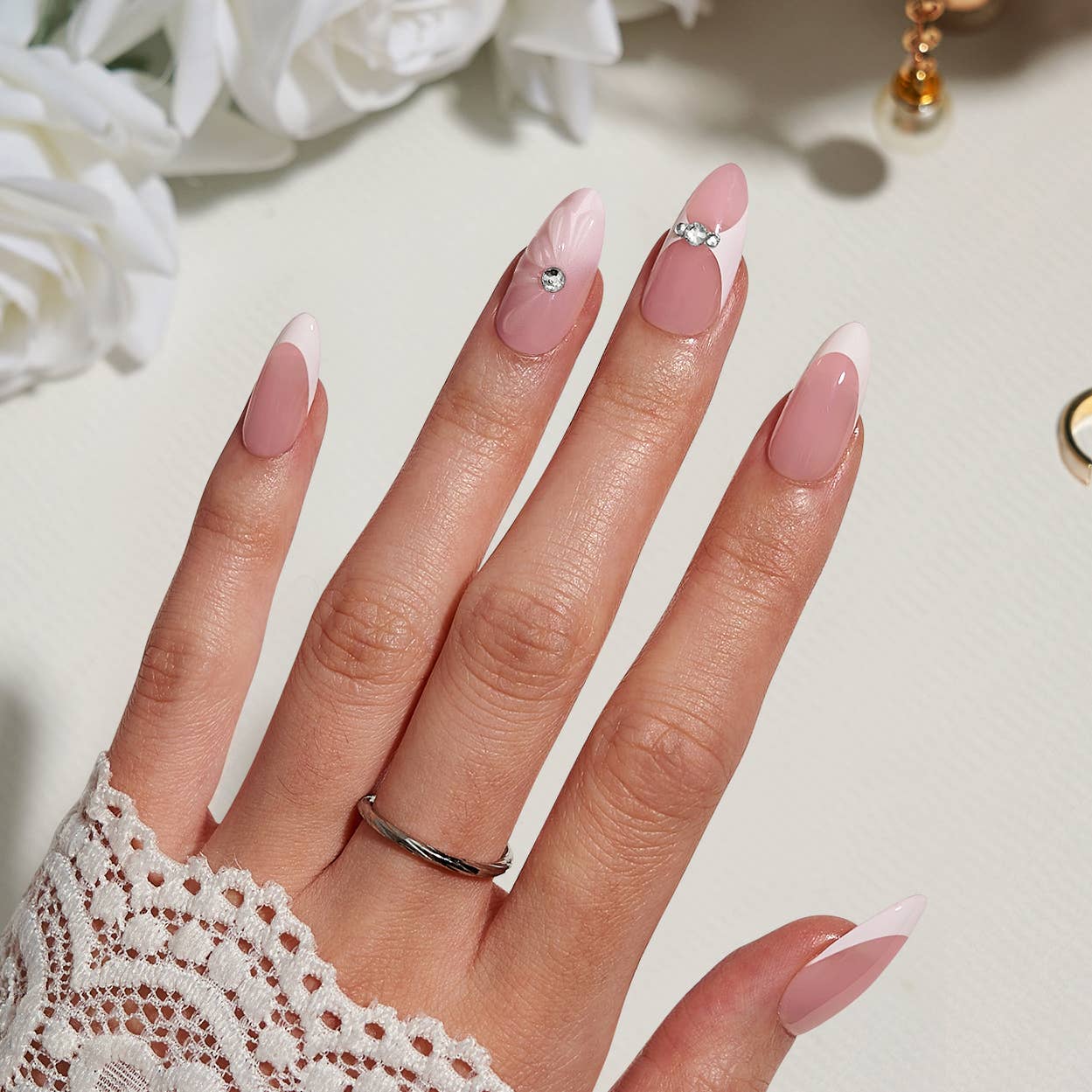 Chrome French Tip Press On Nails- BTARTBOX Square Fake Nails: Evening Attire