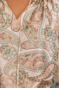 Pleated Sleeve Tie Front Paisley Print Top
