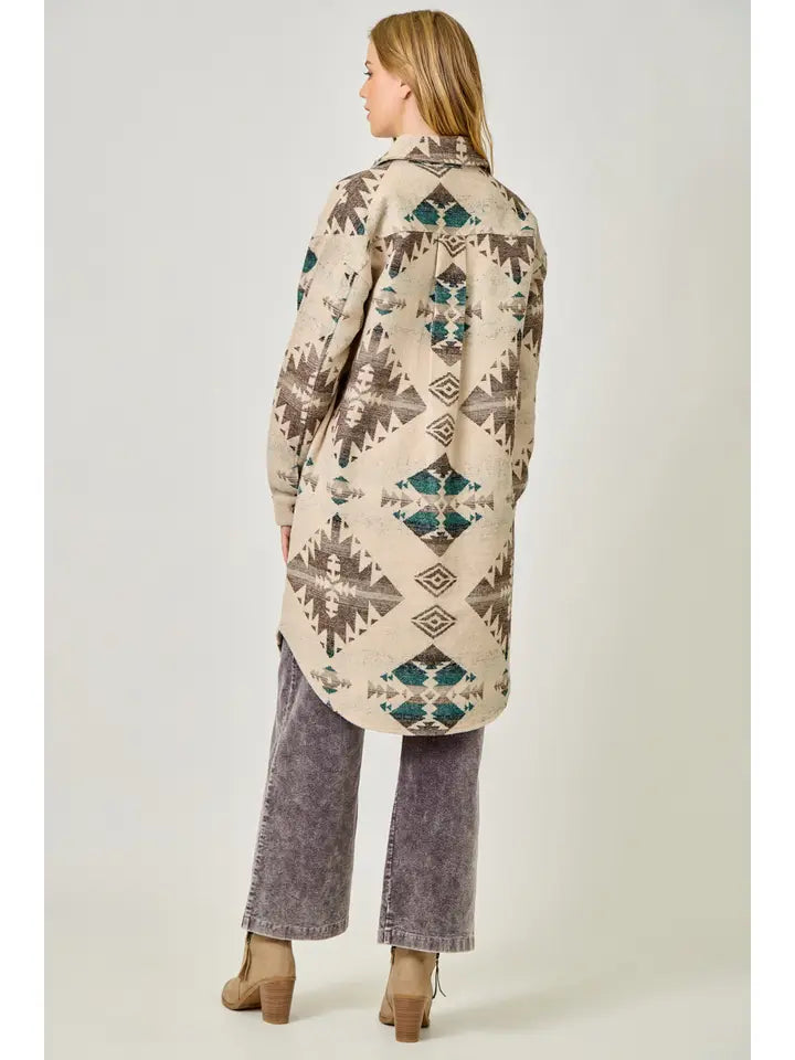 Fringe Placket Aztec Long Jacket