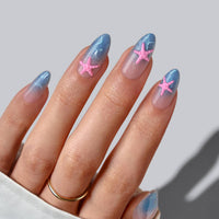 Summer Beach Blue Fake Nails-3D Starfish Shell French Design: Dotted Overalls