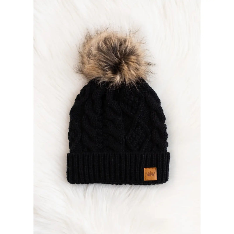 Solid Cable Knit Hat with Pom