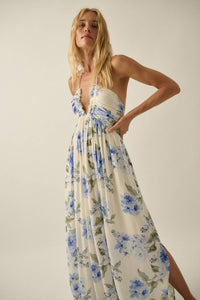 Floral-Print Crepe Halter Tie-Back High-Waist Maxi Dress