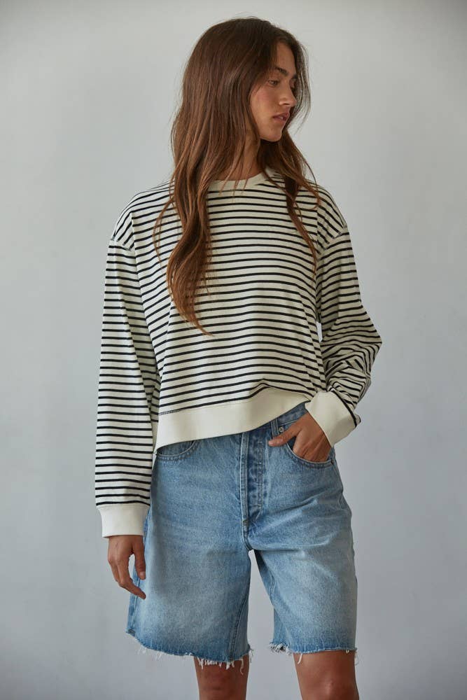 Knit Cotton Striped Crew Neck Long Sleeve Top