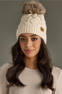 Solid Cable Knit Hat with Pom