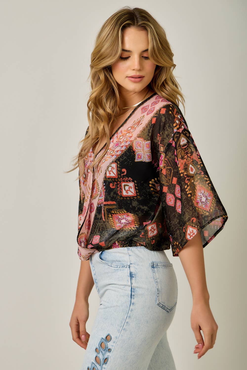 Printed Front Wrap Kimono Top