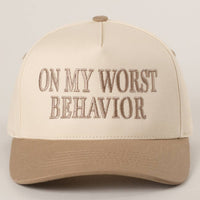 ON MY WORST BEHAVIOR Embroidered Trucker Hat: DENIM / One Size