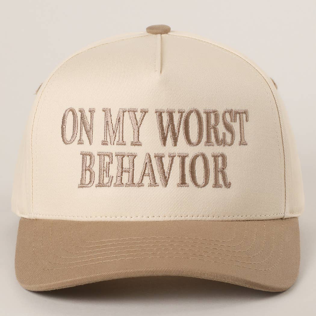 ON MY WORST BEHAVIOR Embroidered Trucker Hat: DENIM / One Size